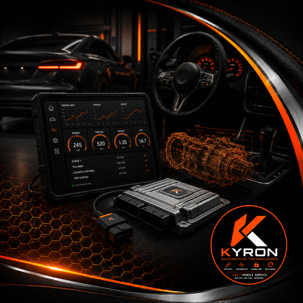 KYRON ECU remapping illustration showing an ECU, performance graphs and a vehicle