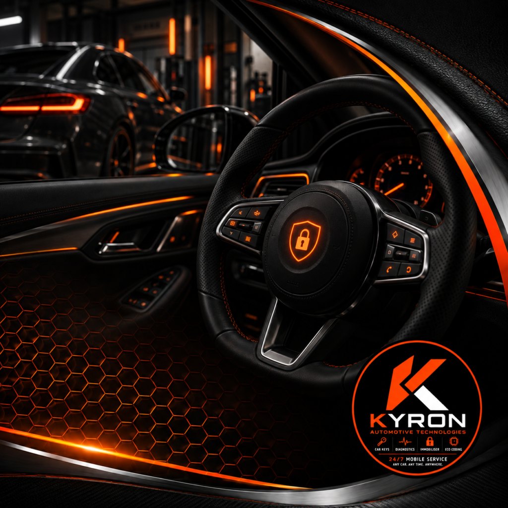 KYRON vehicle security illustration with a steering wheel and illuminated lock symbol